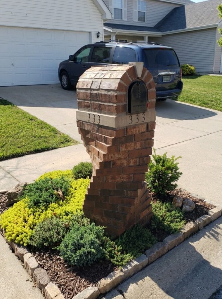 Brick mailbox with an arched keystone top and a spiraling brick column, set in a planting bed