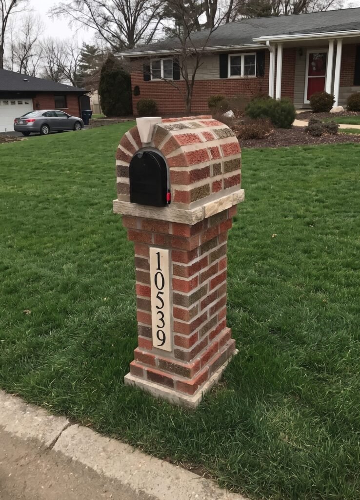 Arched red brick mailbox with stone cap and keystone, ranch house and car in the driveway behind