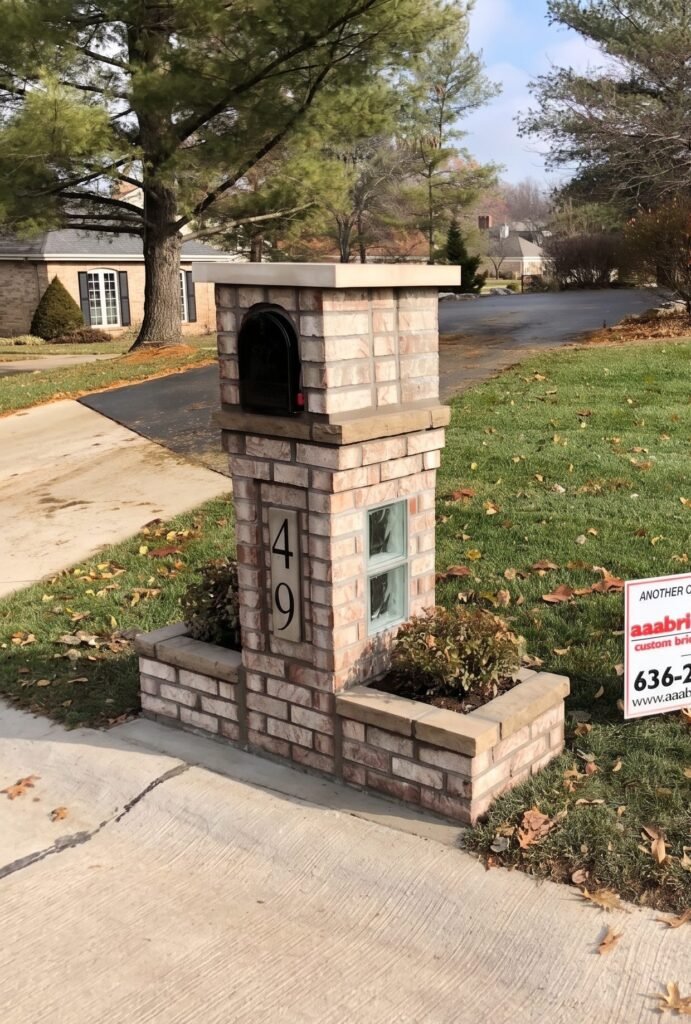 Flat-topped brick mailbox with a glass block window accent and a flat stone cap, planter beds on both sides