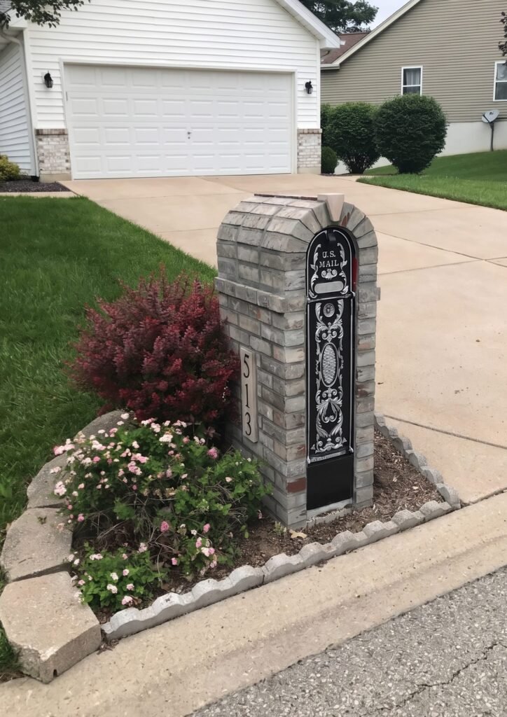 Gray brick mailbox with a barrel-vaulted arch top, ornate scrollwork mail door, and a hinged newspaper box below