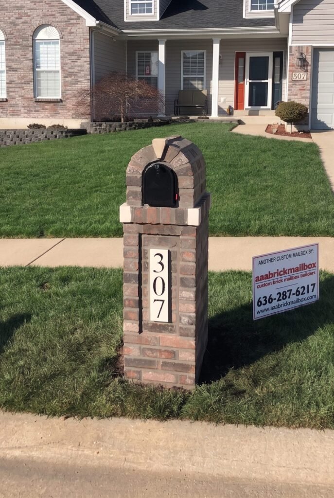 Brick mailbox with an arched top and tan keystone accent, orange front door visible on the house