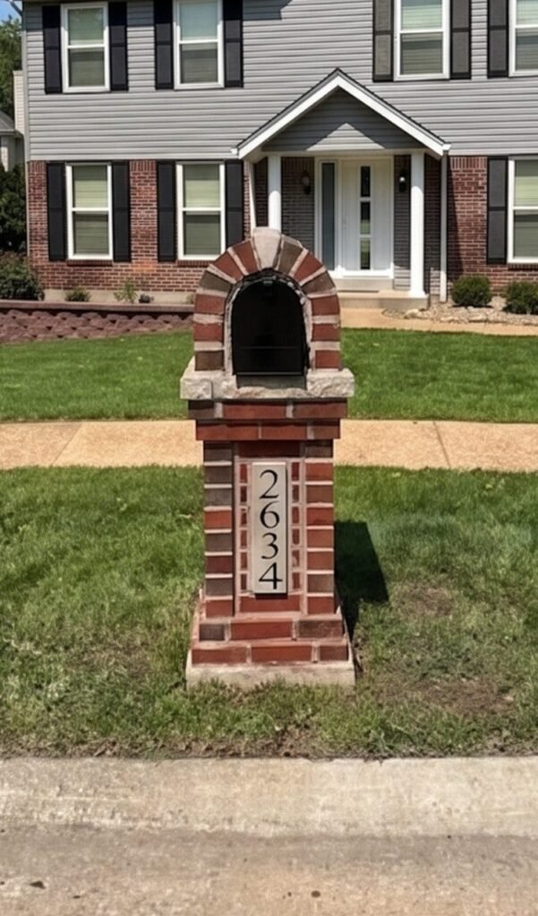 Arched red brick mailbox with light stone accents framing the arch and a matching stone cap, vertical address plaque on the pillar, two-story brick and gray-sided home with a gabled entry behind